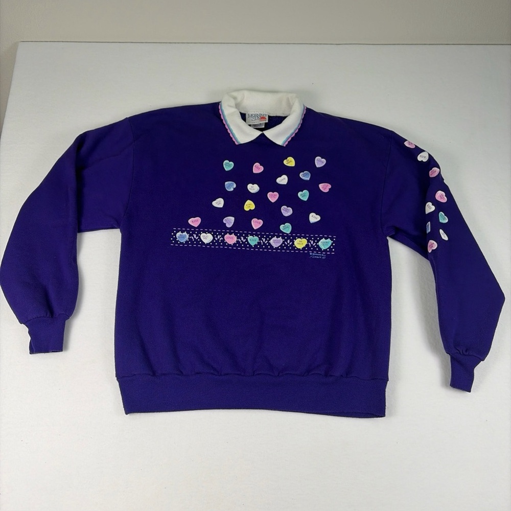Vintage Morning Sun Collared Sweatshirt Purple Heart Candy Valentines Large USA